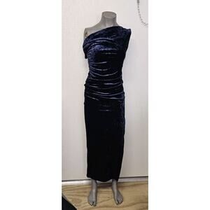 Vintage Navy Blue Velvet Scoopneck Dress Gown SMALL Whisigoth Goth Ren y2k Slit